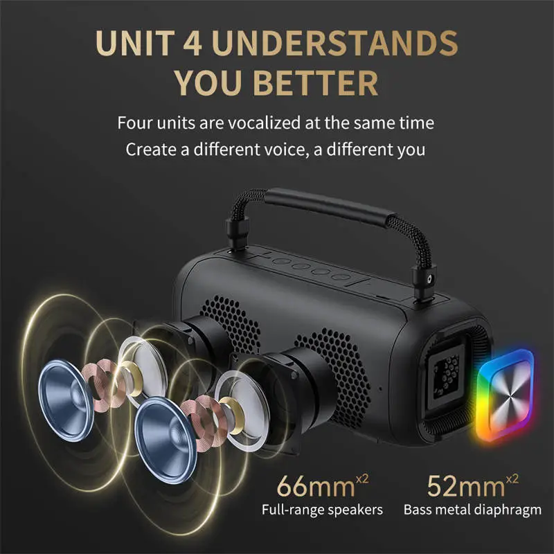 Loa Karaoke Bluetooth Cyboris T12 | 80W, Chống Nước IPX7, Kèm Micro Mini 30 Cấu trúc âm thanh 4 loa bên trong của loa karaoke Cyboris T12.