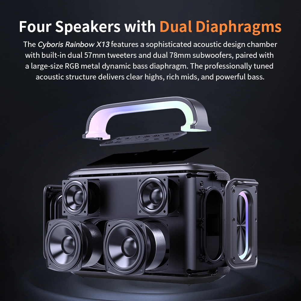 Loa Karaoke Bluetooth Cyboris X13 100W 28 Cấu trúc bên trong 4 loa của loa karaoke Cyboris Rainbow X13
