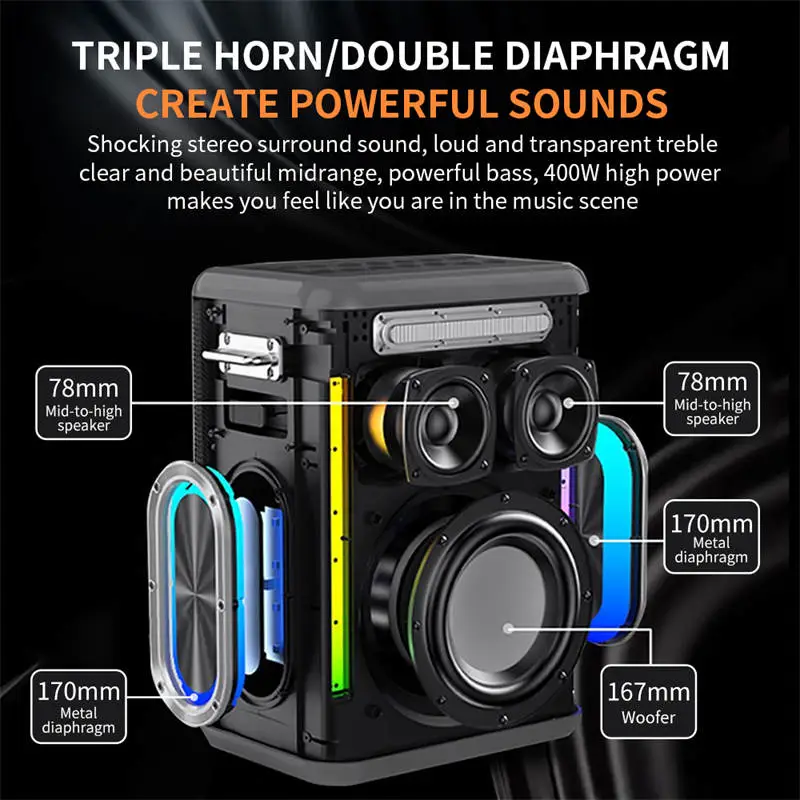 Loa Karaoke Cyboris X15 400W | Pin 30.000mAh, Sạc Nhanh 65W 32 Cấu trúc loa 3 đường tiếng chuyên nghiệp của loa karaoke Cyboris X15