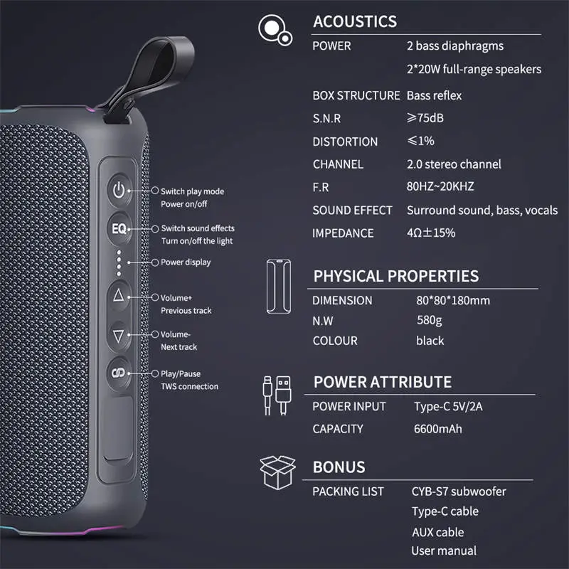 Loa Bluetooth Cyboris S7 | 40W, Chống Nước IPX7, Pin 16 Giờ 9 thong so ky thuat cyboris s7