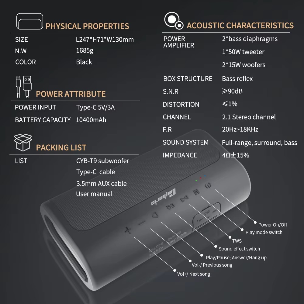 Loa Bluetooth Cyboris T9 | Soundbar Mini 80W, Âm Thanh 2.1 kênh, Pin 10400mAh 9 thong so ky thuat cyboris t9 2