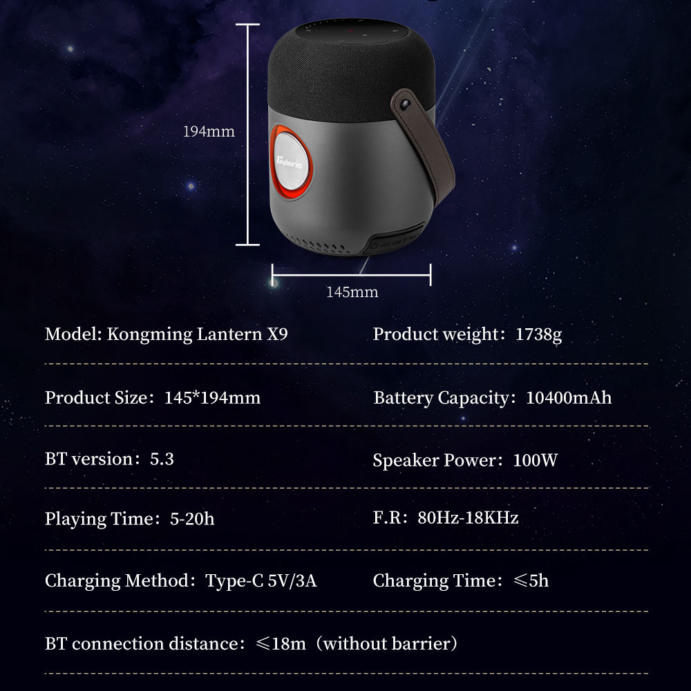 Loa Bluetooth Cyboris Kongming Lantern X9 | 100W, Âm Thanh 360°, 4.1 Kênh 6 thong so ky thuat cyboris